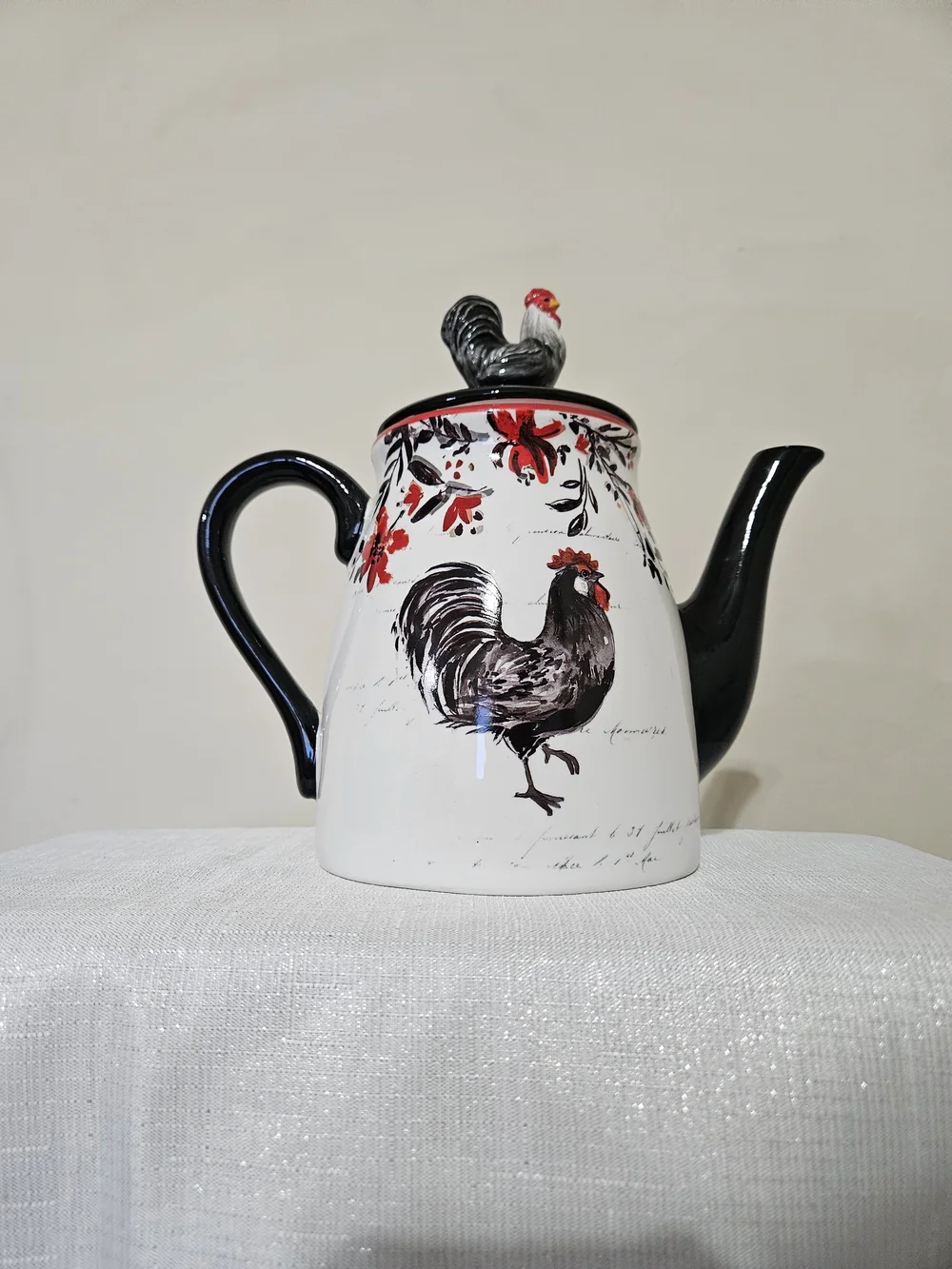 Cracker Barrel Ceramic Rooster Teapot - White, Black & Red